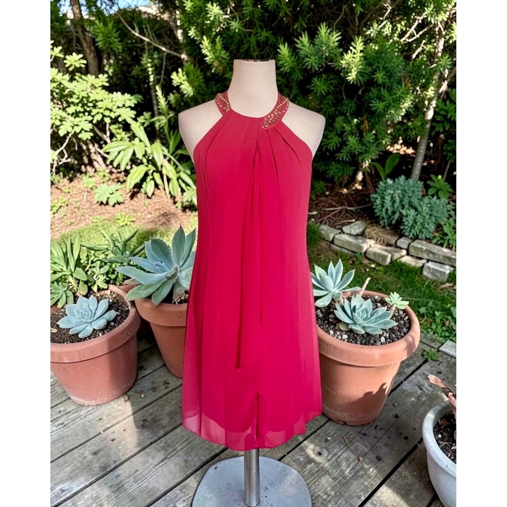 SLNY Red Halter Neck Beaded Cocktail Dress Size 14 Sleeveless